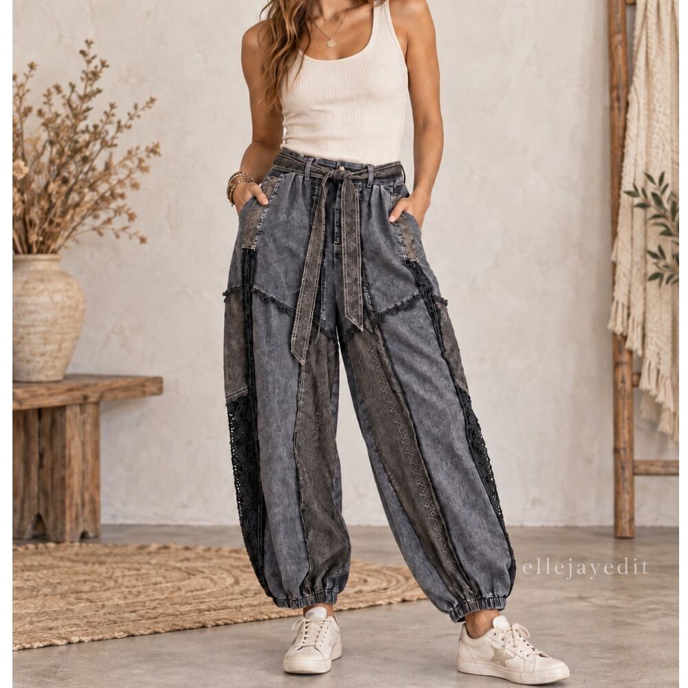 Cowgirl Chic Boho Outfit with Lace Panel Denim Pants SZ Medium